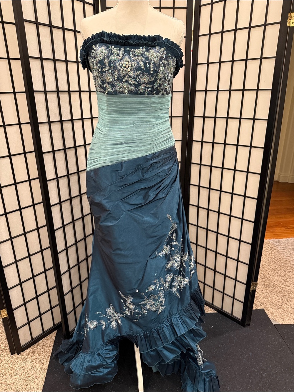 Strapless Teal and Light Aqua satin and Toule Embroidered Evening Dress